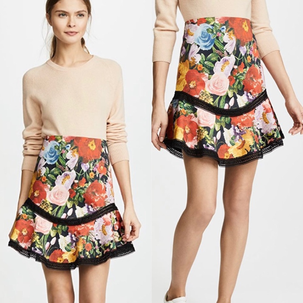 Alice + Olivia Eriko Curved Hem Vivid Floral Skirt
